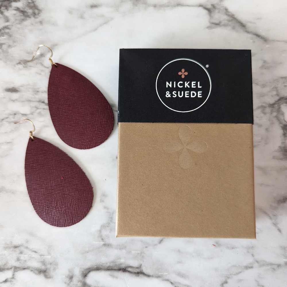 EUC Nickel and Suede Cranberry Teardrop Earrings